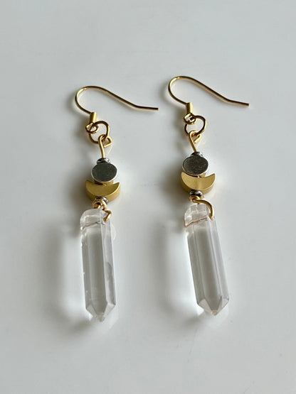 CLEAR QUARTZ HEX w/ MOONS | GEMSTONE CRYSTAL Earrings