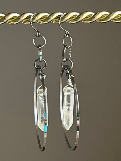 CITRINE HEX w/ MINI HEMATITE HOOP DANGLES | GEMSTONE CRYSTAL Earrings