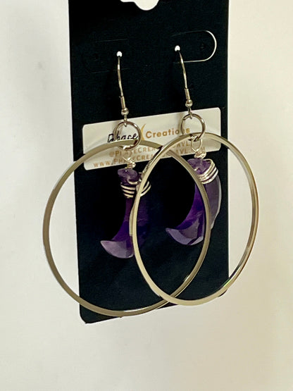 “HANG THE MOON” WIRE-WRAPPED AMETHYST CRESCENT MOON HOOP-DANGLES (SS) | Gemstone Earrings