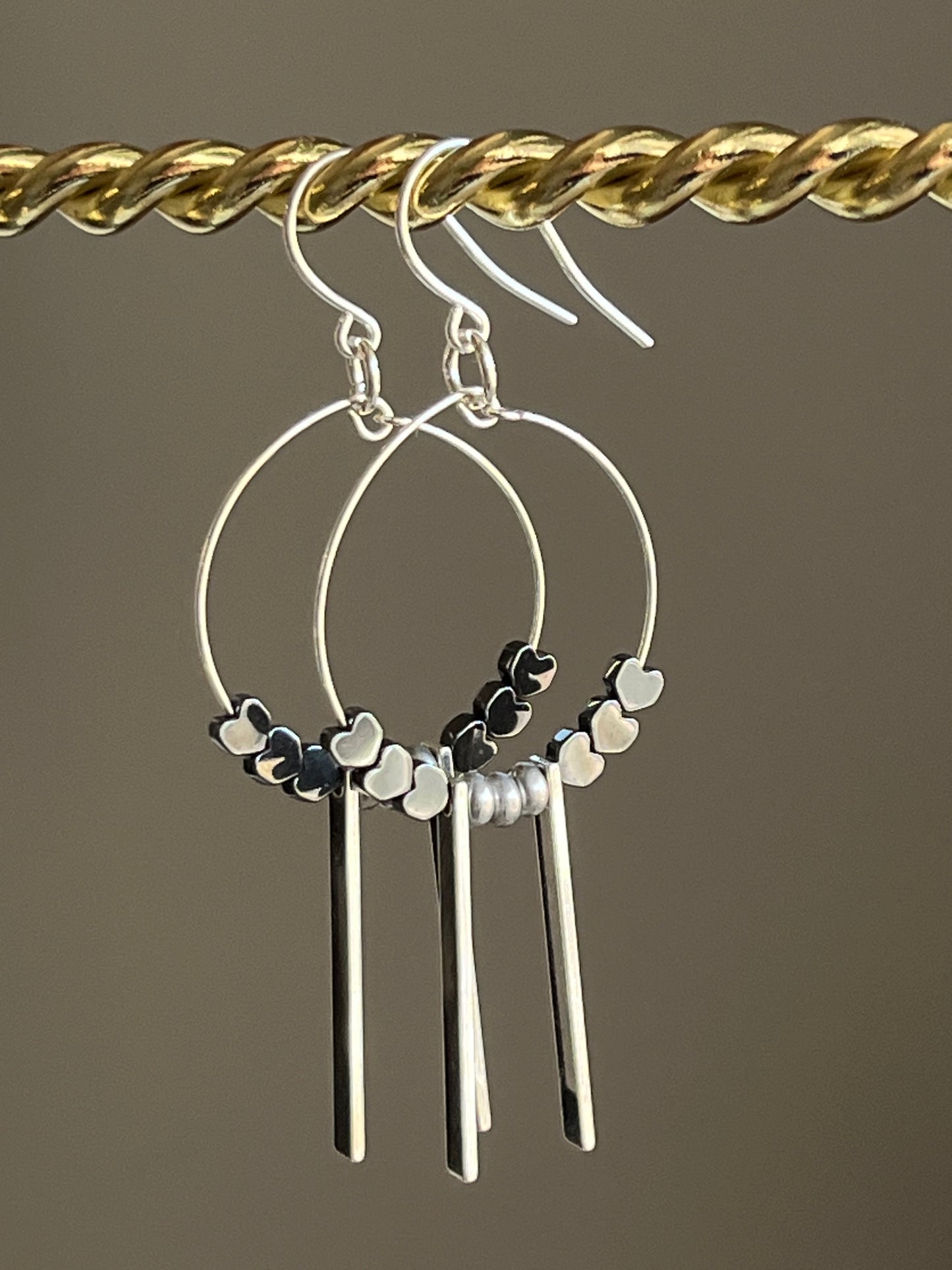 HEMATITE HEARTS w/ METAL RECTANGLES | GEMSTONE CRYSTAL Earrings