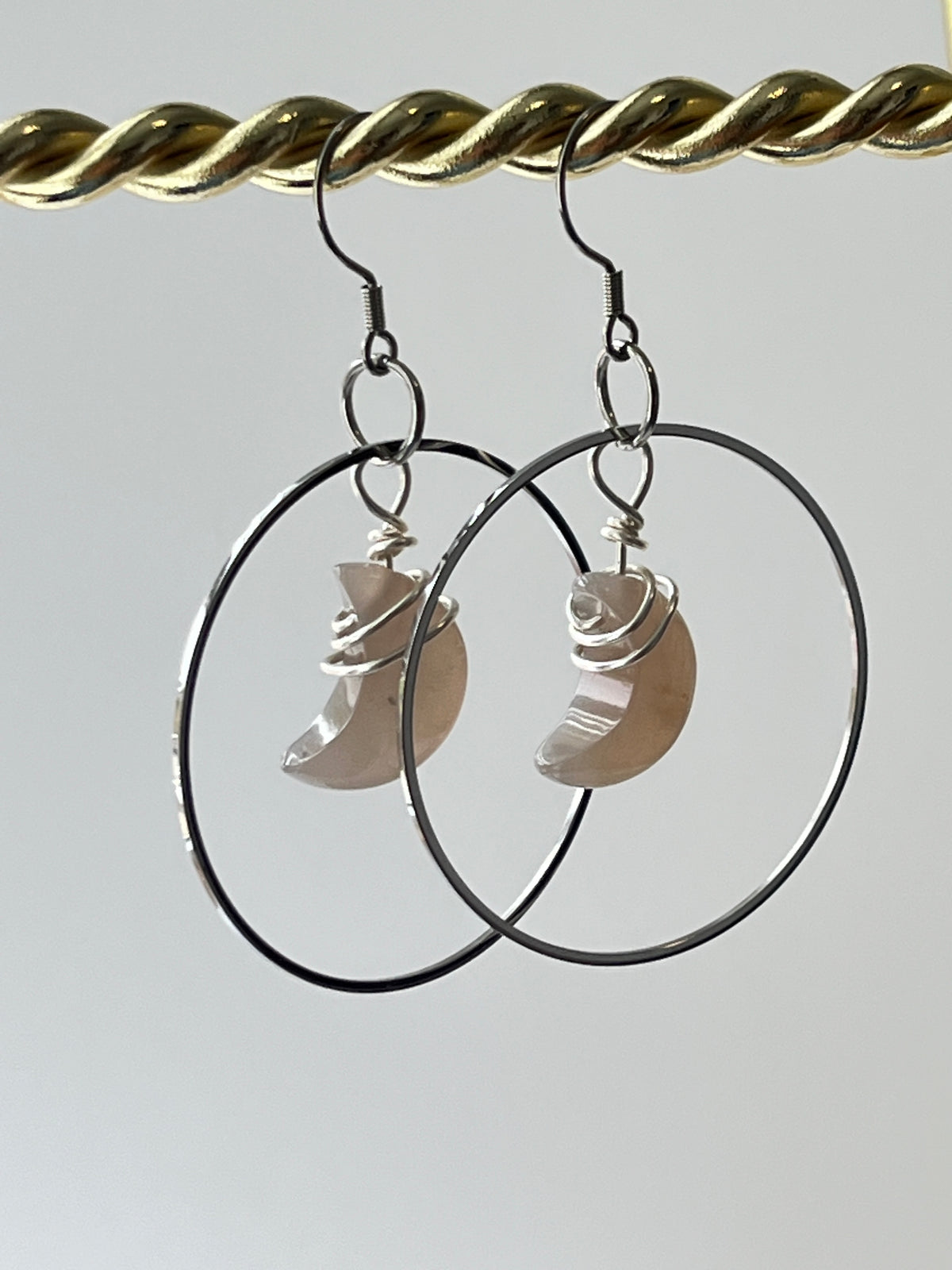 “BABY HANG THE MOON” WIRE-WRAPPED PEACH MOONSTONE CRESCENT HOOP-DANGLES (SS) | Gemstone Earrings