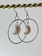 “BABY HANG THE MOON” WIRE-WRAPPED PEACH MOONSTONE CRESCENT HOOP-DANGLES (SS) | Gemstone Earrings