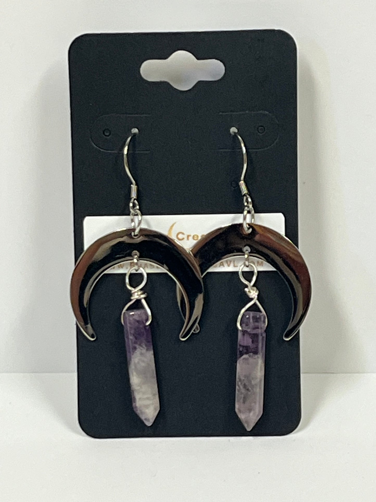AMETHYST HEX CRESCENT MOON DANGLE| GEMSTONE CRYSTAL Earrings
