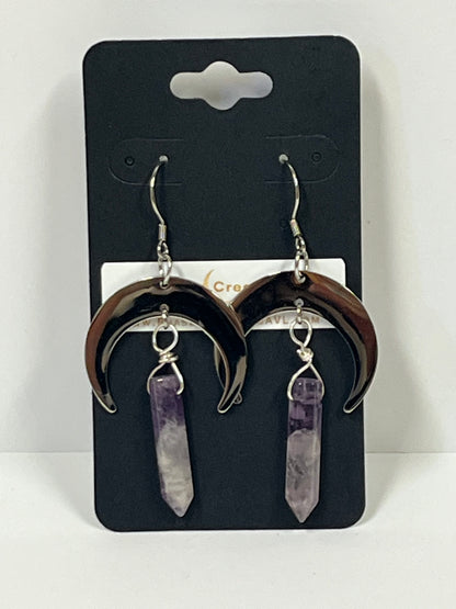 AMETHYST HEX CRESCENT MOON DANGLE| GEMSTONE CRYSTAL Earrings