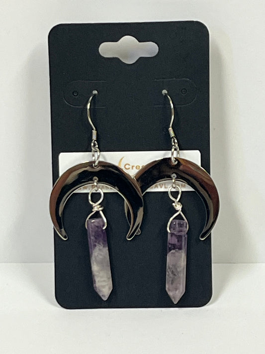 AMETHYST HEX CRESCENT MOON DANGLE| Gemstone Earrings