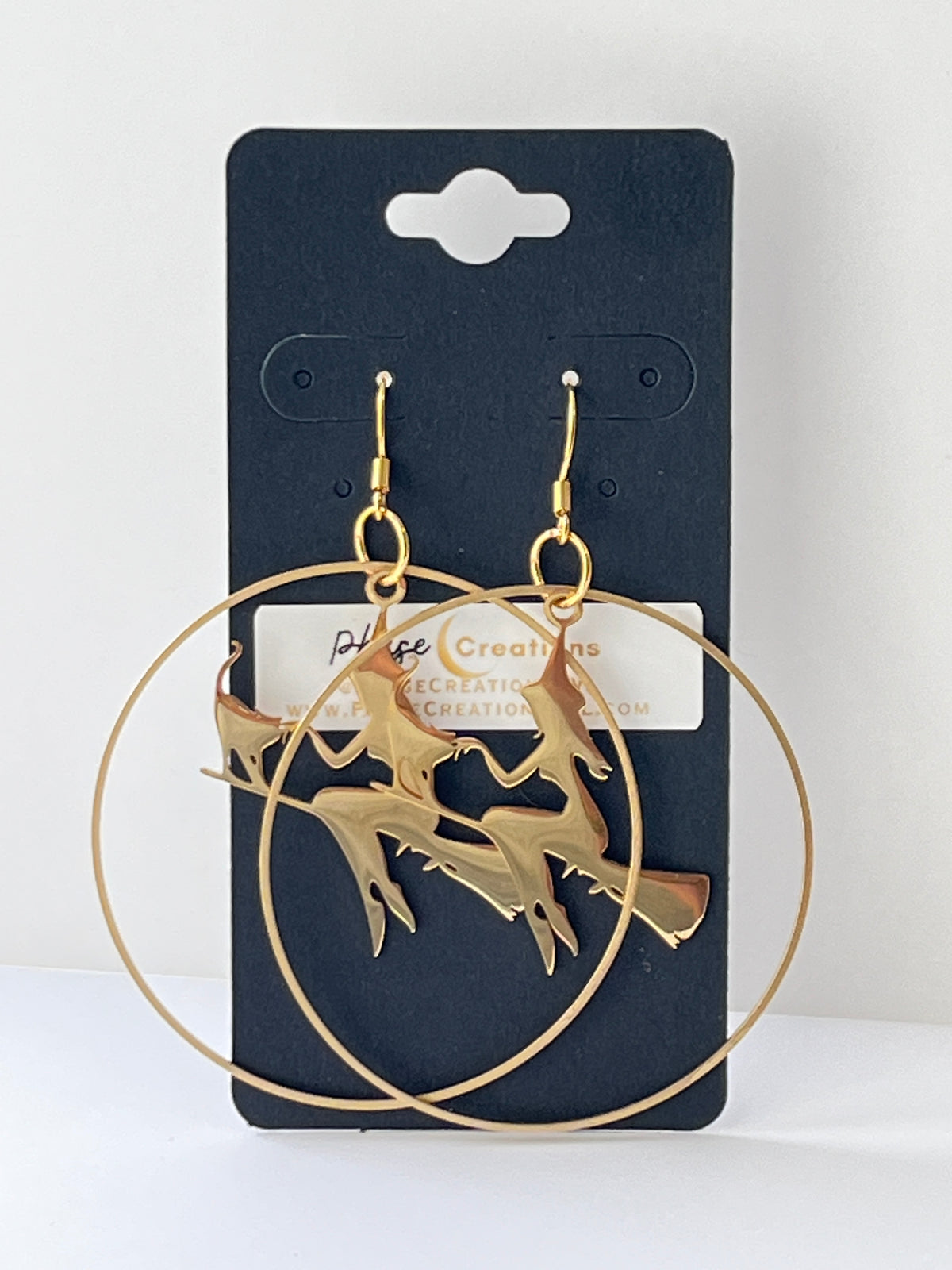 FLYING WITCH + CAT ON BROOMSTICK HOOPS (GPSS) | Earrings