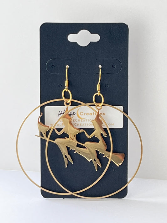 FLYING WITCH + CAT ON BROOMSTICK HOOPS (GPSS) | Earrings