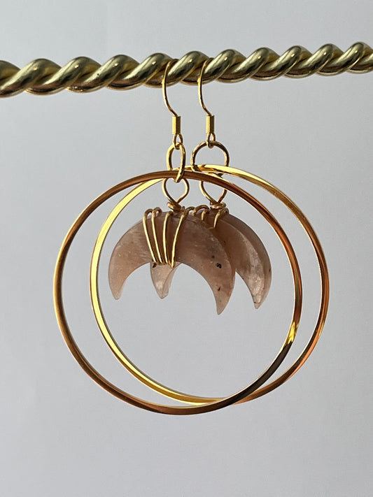 WIRE-WRAPPED PEACH MOONSTONE CRESCENT MOON HOOP-DANGLES (GPSS | Gemstone Earrings