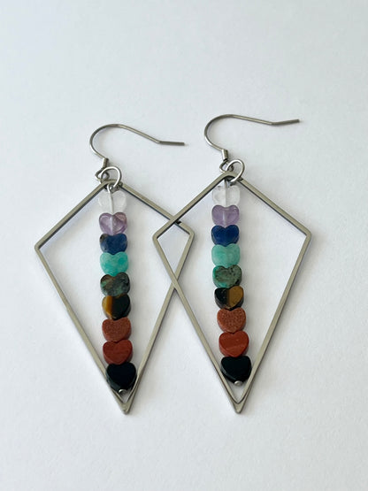 CHAKRA MINI HEART KITE DANGLES (SS) | Gemstone Earrings