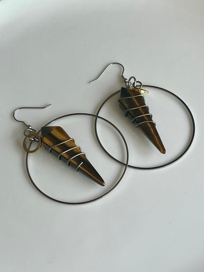 WIRE-WRAPPED TIGER’S EYE KITE MODERN HOOP-DANGLES| GEMSTONE CRYSTAL Earrings