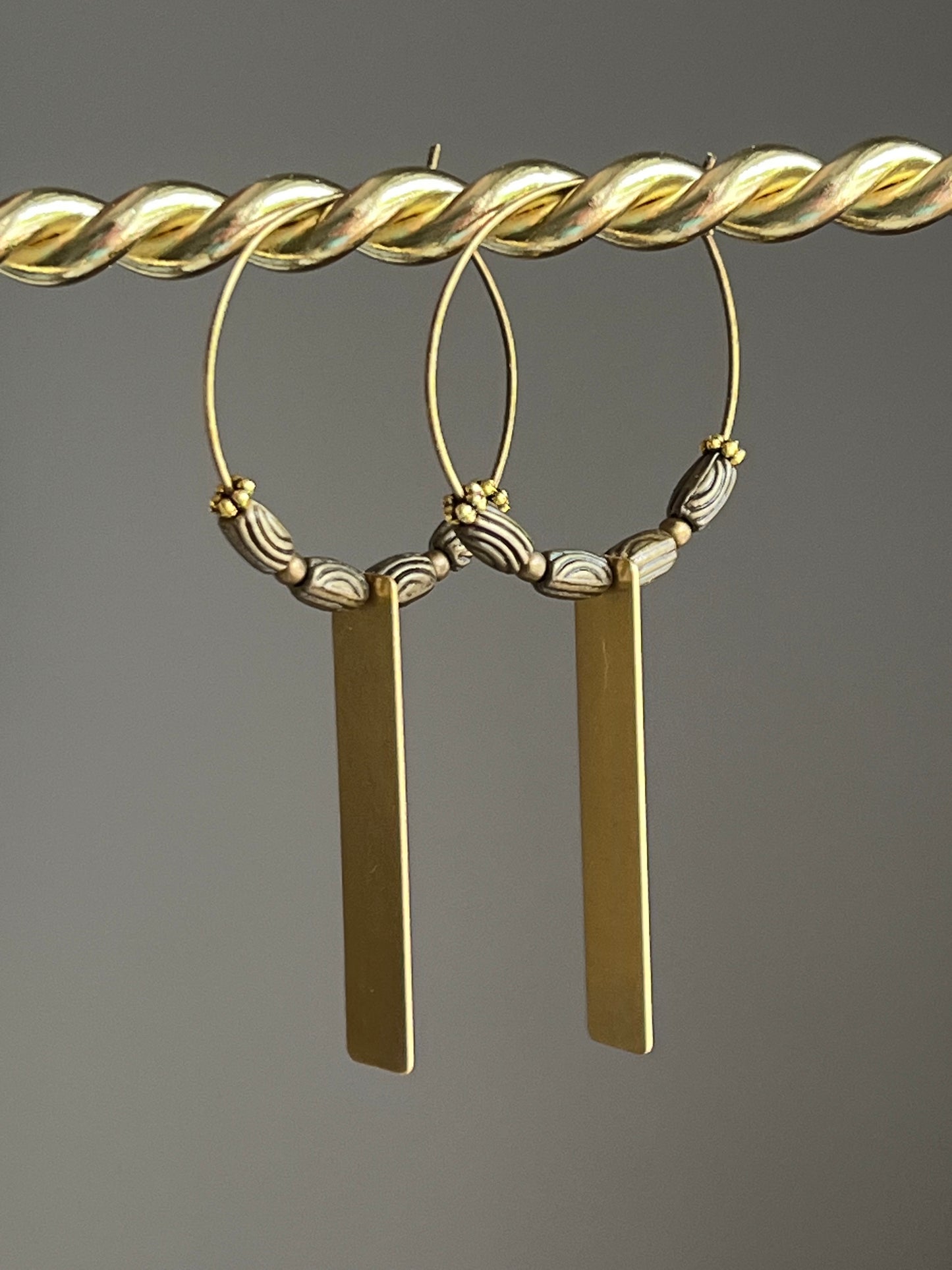 BRASS METAL RECTANGLE HOOP DANGLES | Earrings