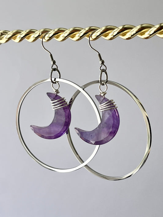 “HANG THE MOON” WIRE-WRAPPED AMETHYST CRESCENT MOON HOOP-DANGLES (SS) | Gemstone Earrings