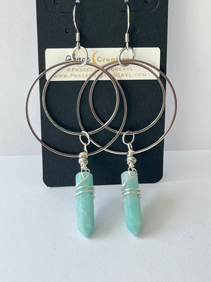 WIRE-WRAPPED AMAZONITE DOUBLE HOOP-DANGLES| Gemstone Earrings