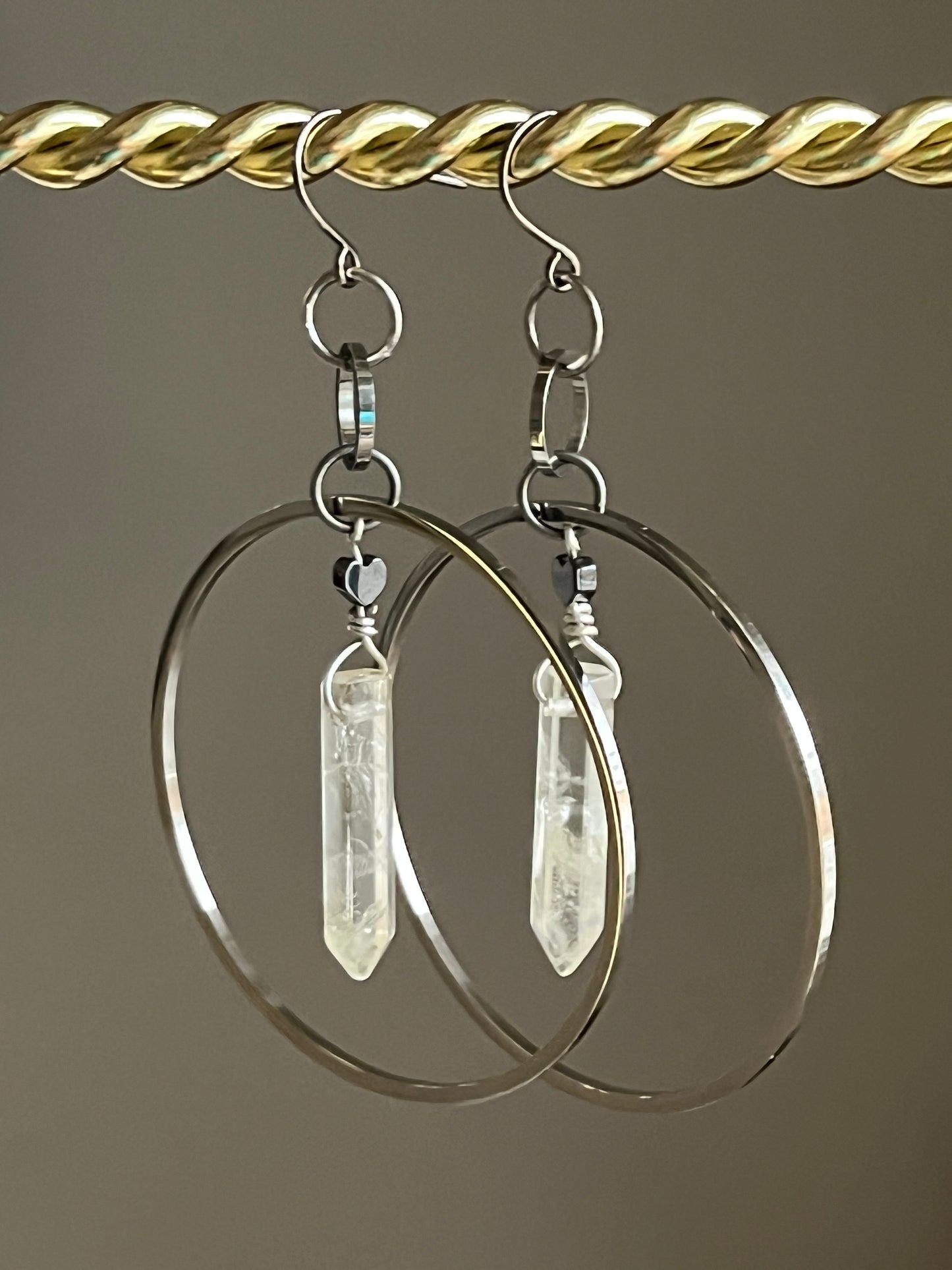 CITRINE HEX w/ MINI HEMATITE HOOP DANGLES | GEMSTONE CRYSTAL Earrings