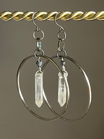CITRINE HEX w/ MINI HEMATITE HOOP DANGLES | GEMSTONE CRYSTAL Earrings