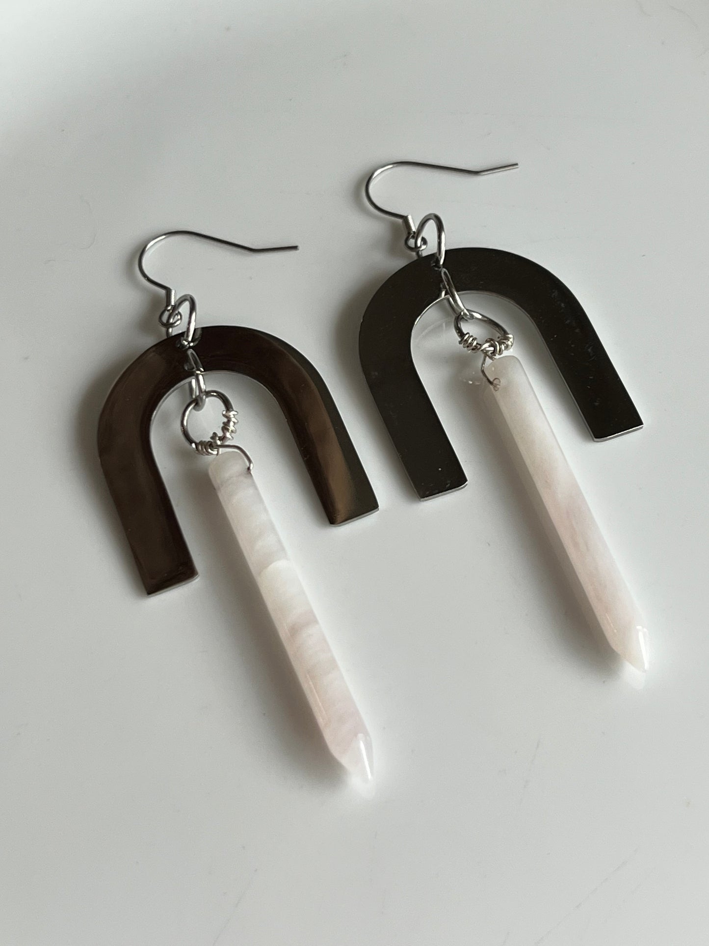 WIRE-WRAPPED LAVENDER QUARTZ + STAINLESS STEEL PITCH-FORK DESIGN | GEMSTONE CRYSTAL EARRINGS