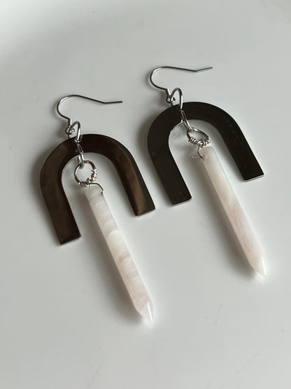 WIRE-WRAPPED LAVENDER QUARTZ + STAINLESS STEEL PITCH-FORK DESIGN | GEMSTONE CRYSTAL EARRINGS