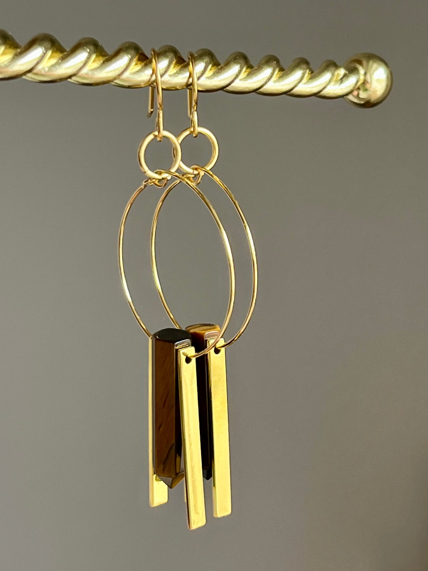 TIGER’S EYE HEX w/ GP RECTANGLES + BEADS | GEMSTONE CRYSTAL Earrings