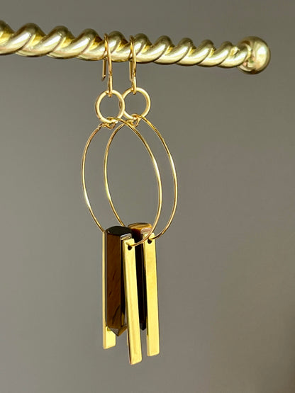 TIGER’S EYE HEX w/ GP RECTANGLES + BEADS | GEMSTONE CRYSTAL Earrings