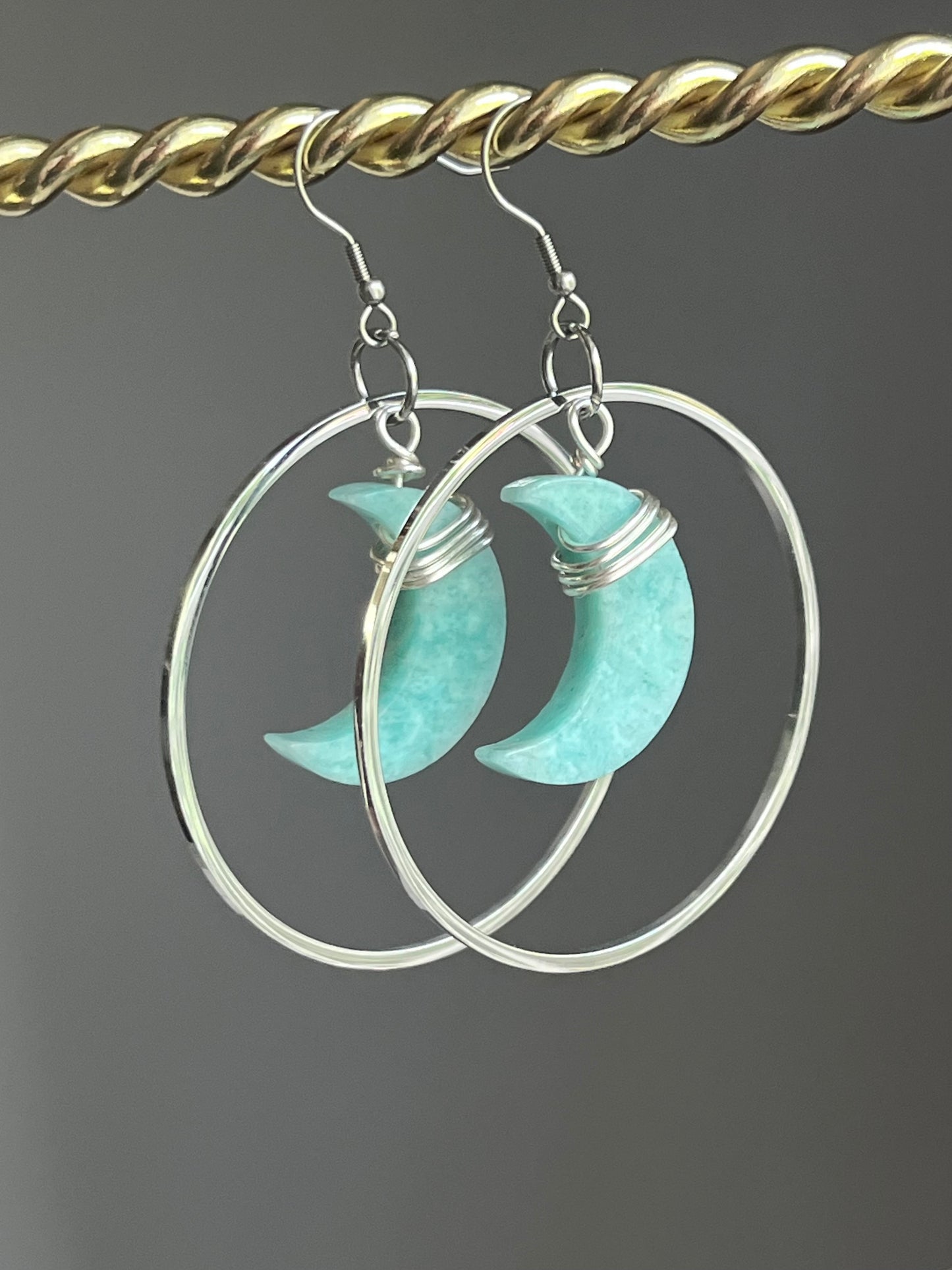 “HANG THE MOON” : AMAZONITE WIRE-WRAPPED CRESCENT MOON HOOP-DANGLES | GEMSTONE CRYSTAL Earrings