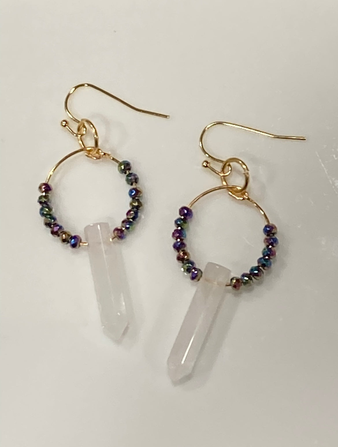 RAINBOW HEMATITE + CLEAR QUARTZ HEX | GEMSTONE CRYSTAL Earrings
