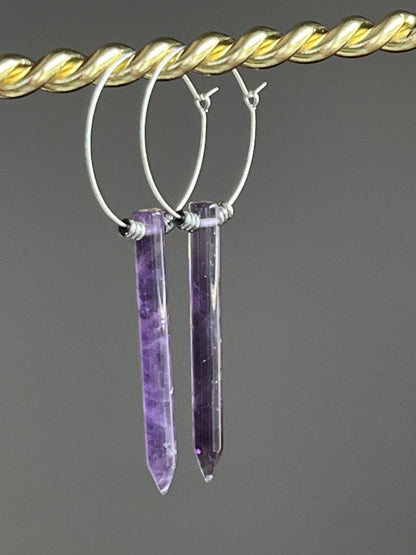 AMETHYST POINT w/ SILVER HEMATITE HOOPS | GEMSTONE CRYSTAL Earrings