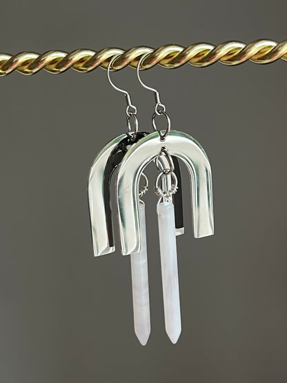 WIRE-WRAPPED LAVENDER QUARTZ + STAINLESS STEEL PITCH-FORK DESIGN | GEMSTONE CRYSTAL EARRINGS