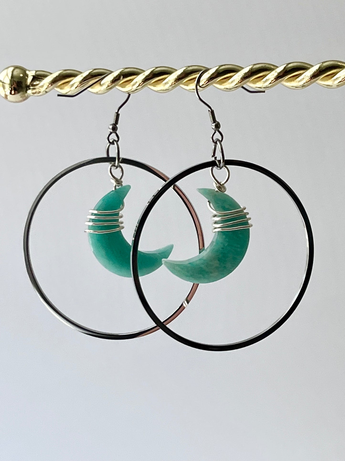 “HANG THE MOON” : AMAZONITE WIRE-WRAPPED CRESCENT MOON HOOP-DANGLES | GEMSTONE CRYSTAL Earrings