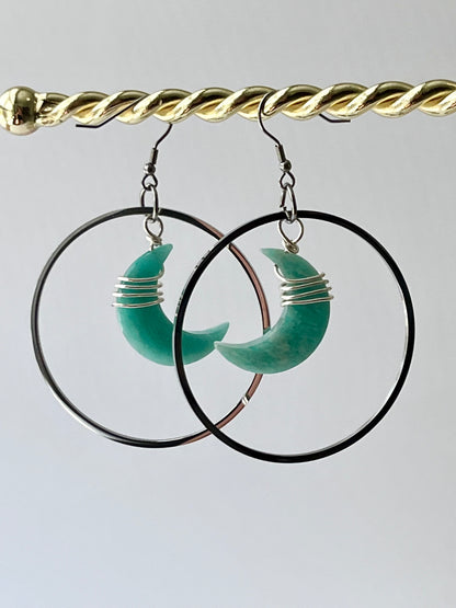 “HANG THE MOON” : AMAZONITE WIRE-WRAPPED CRESCENT MOON HOOP-DANGLES | GEMSTONE CRYSTAL Earrings