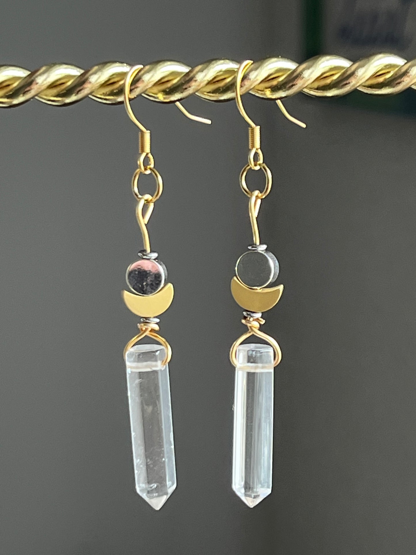CLEAR QUARTZ HEX w/ MOONS | GEMSTONE CRYSTAL Earrings