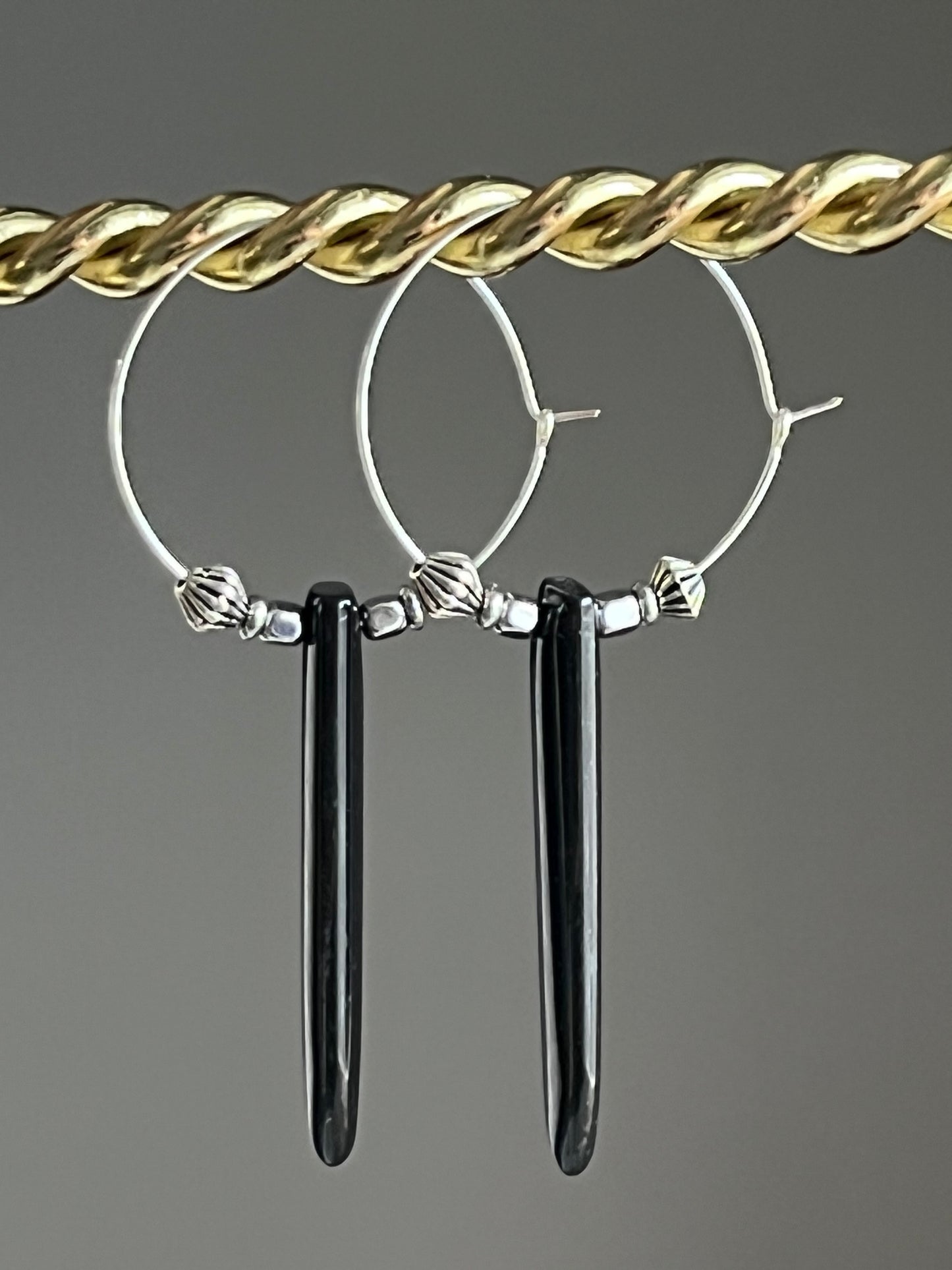 CHUNKY ONYX PUFF w/ SILVER HEMATITE HOOP | GEMSTONE CRYSTAL Earrings