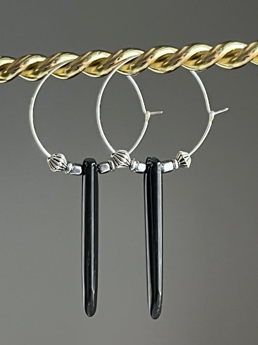 ONYX DAGGER + SILVER HEMATITE HOOP | GEMSTONE CRYSTAL Earrings