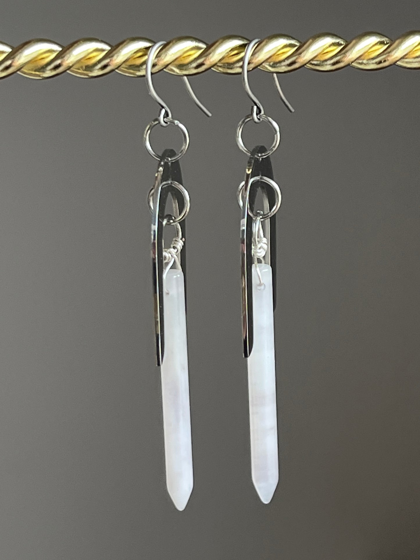 WIRE-WRAPPED LAVENDER QUARTZ + STAINLESS STEEL PITCH-FORK DESIGN | GEMSTONE CRYSTAL EARRINGS