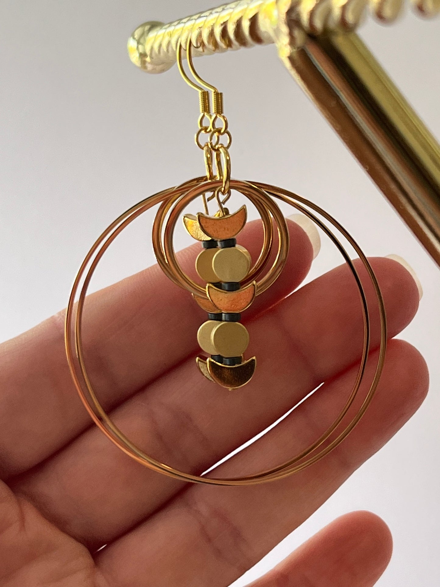 GOLD + BRASS MOON ORBIT HOOP-DANGLES (SS) | Earrings