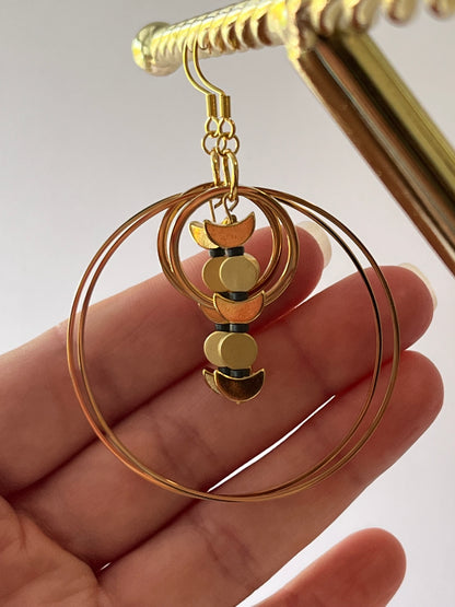 GOLD + BRASS MOON ORBIT HOOP-DANGLES (SS) | Earrings