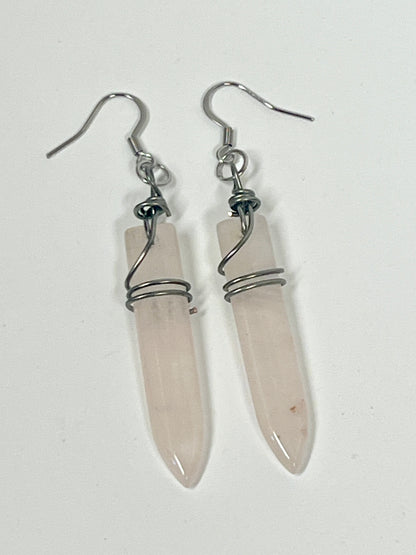 WIRE-WRAPPED ROSE QUARTZ PUFF DANGLE | Gemstone Earrings