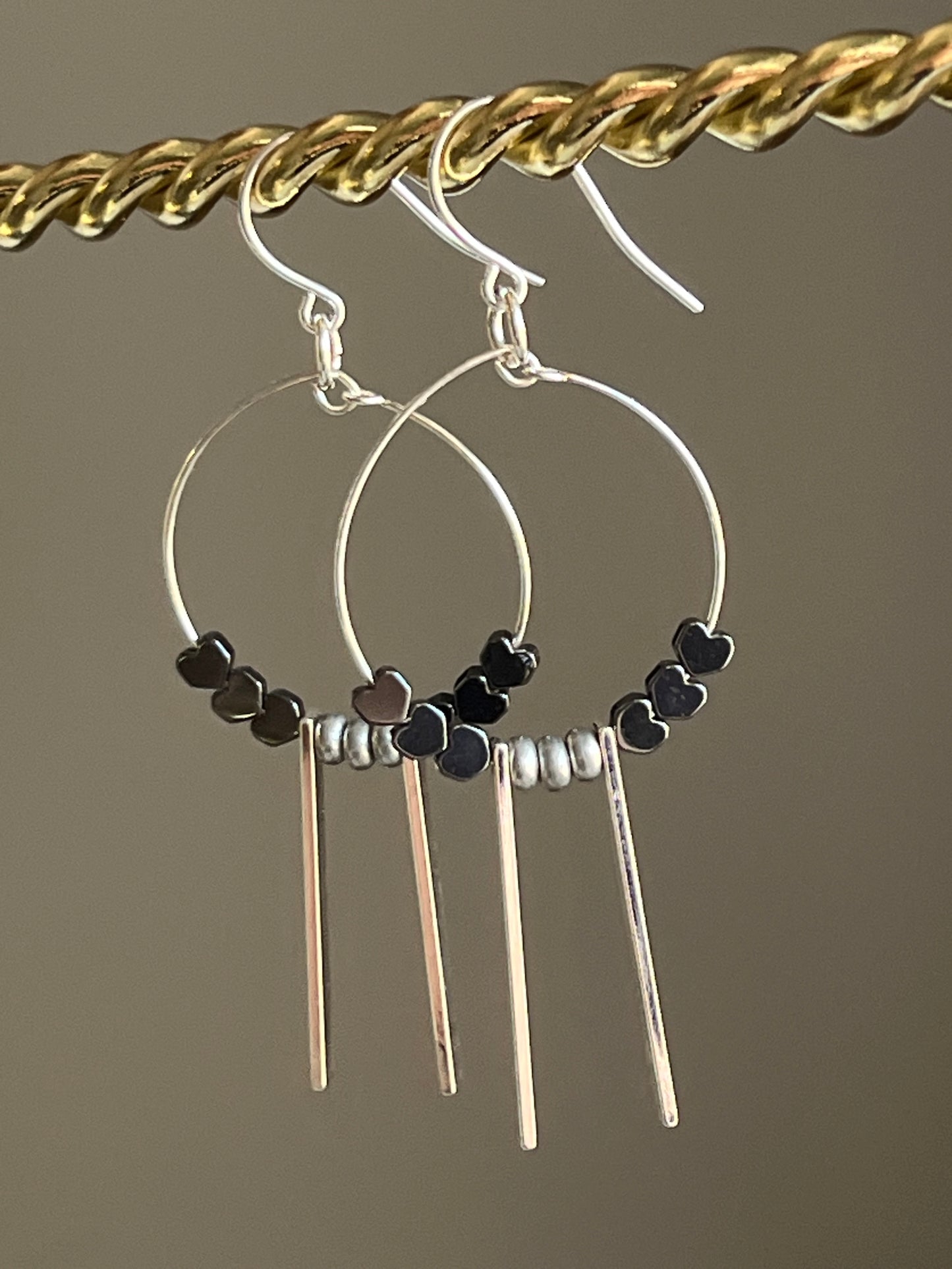 HEMATITE HEARTS w/ METAL RECTANGLES | GEMSTONE CRYSTAL Earrings