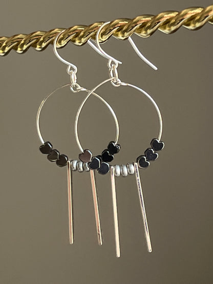 HEMATITE HEARTS w/ METAL RECTANGLES | GEMSTONE CRYSTAL Earrings