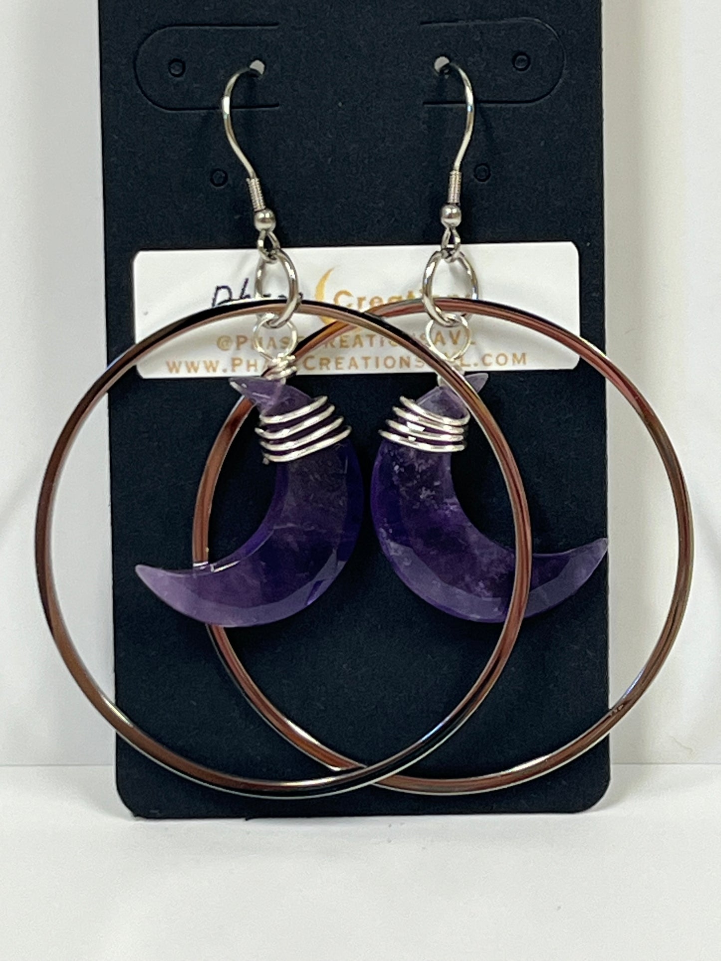 “HANG THE MOON” WIRE-WRAPPED AMETHYST CRESCENT MOON HOOP-DANGLES (SS) | Gemstone Earrings