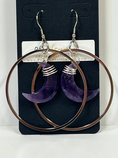 “HANG THE MOON” WIRE-WRAPPED AMETHYST CRESCENT MOON HOOP-DANGLES (SS) | Gemstone Earrings