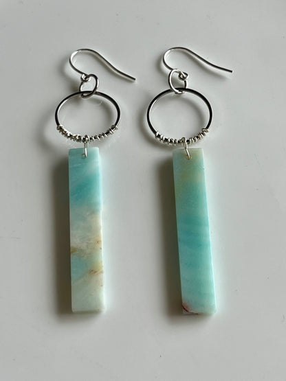 WIRE-WRAPPED AMAZONITE CLOUD RECTANGLE HOOP-DANGLE | GEMSTONE CRYSTAL Earrings