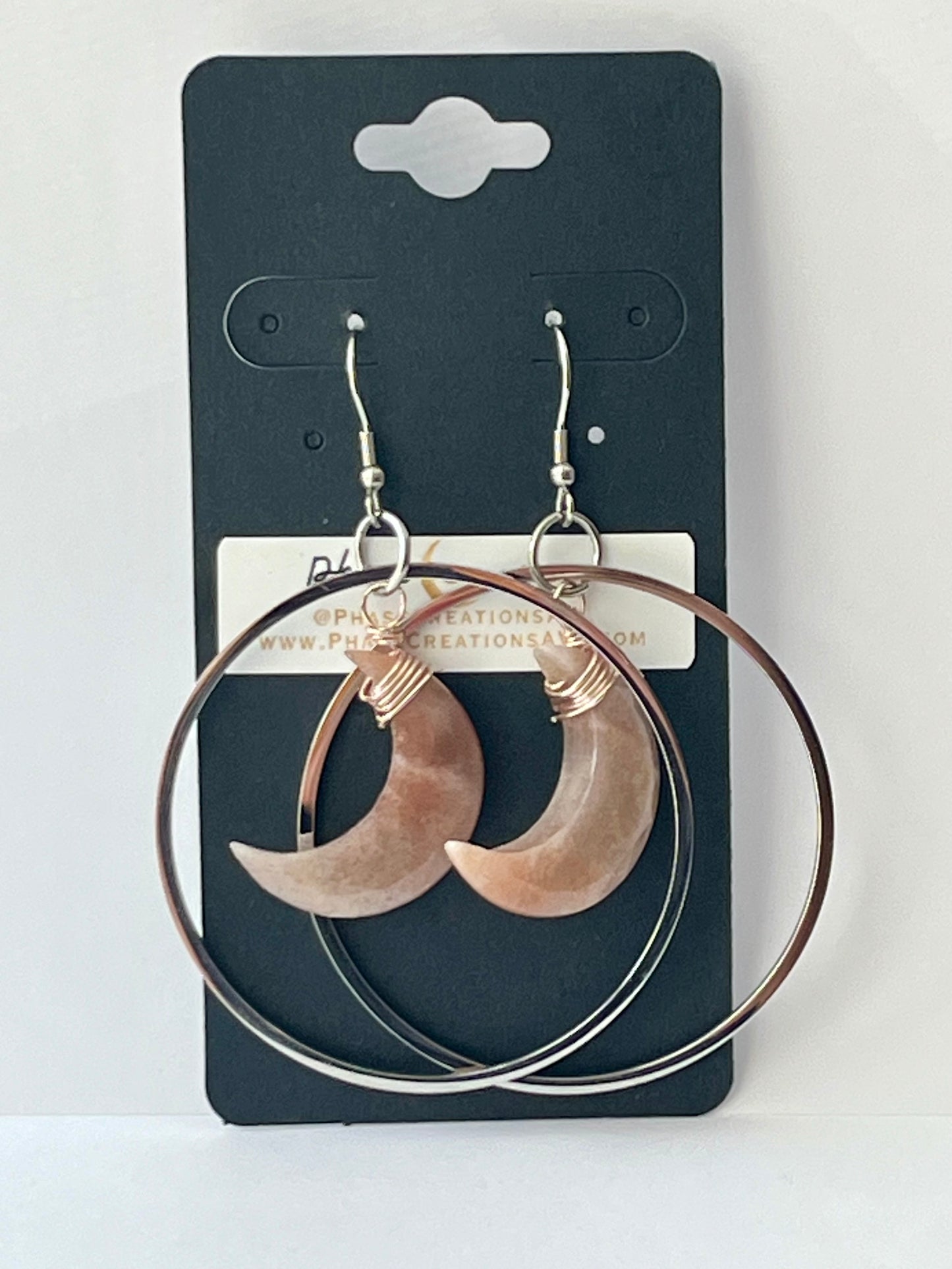 “HANG THE MOON” : PEACH MOONSTONE WIRE-WRAPPED CRESCENT MOON HOOP-DANGLES | GEMSTONE CRYSTAL Earrings