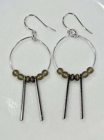 SMOKEY SEA GLASS w/ METAL RECTANGLES | GEMSTONE CRYSTAL EarringsE