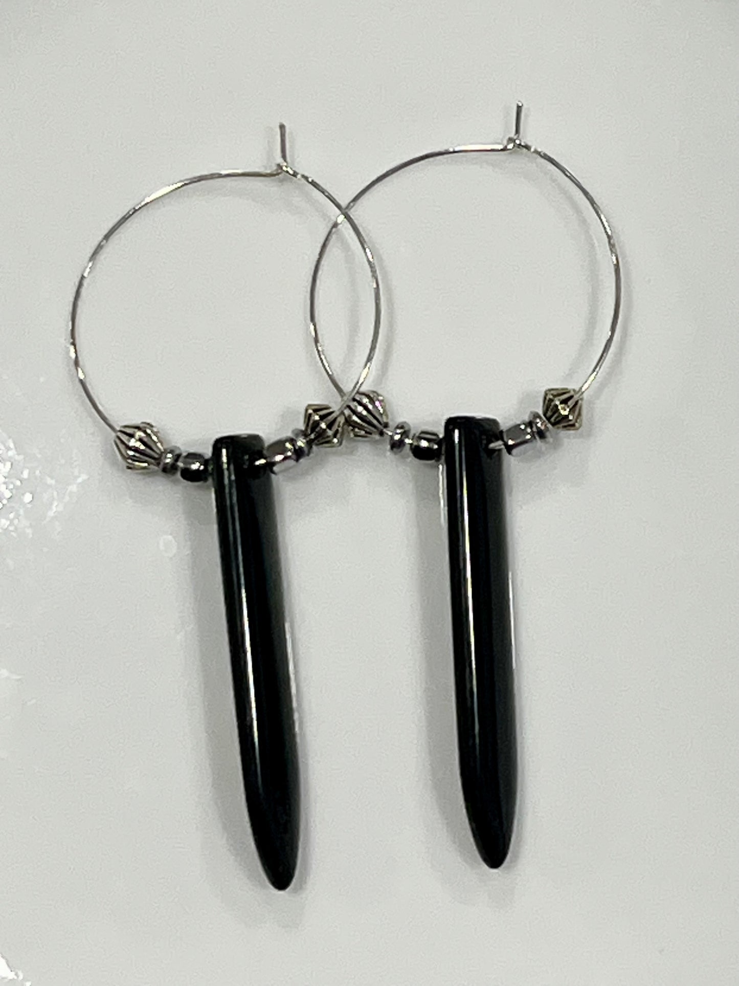 CHUNKY ONYX PUFF w/ SILVER HEMATITE HOOP | GEMSTONE CRYSTAL Earrings