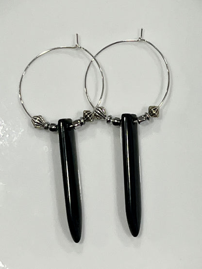CHUNKY ONYX PUFF w/ SILVER HEMATITE HOOP | GEMSTONE CRYSTAL Earrings