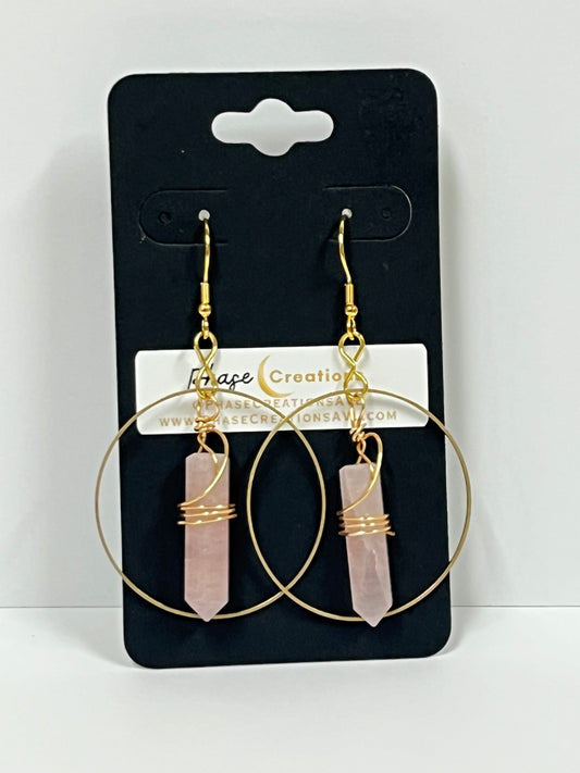 WIRE-WRAPPED ROSE QUARTZ HEX HOOP-DANGLE | Gemstone Earrings