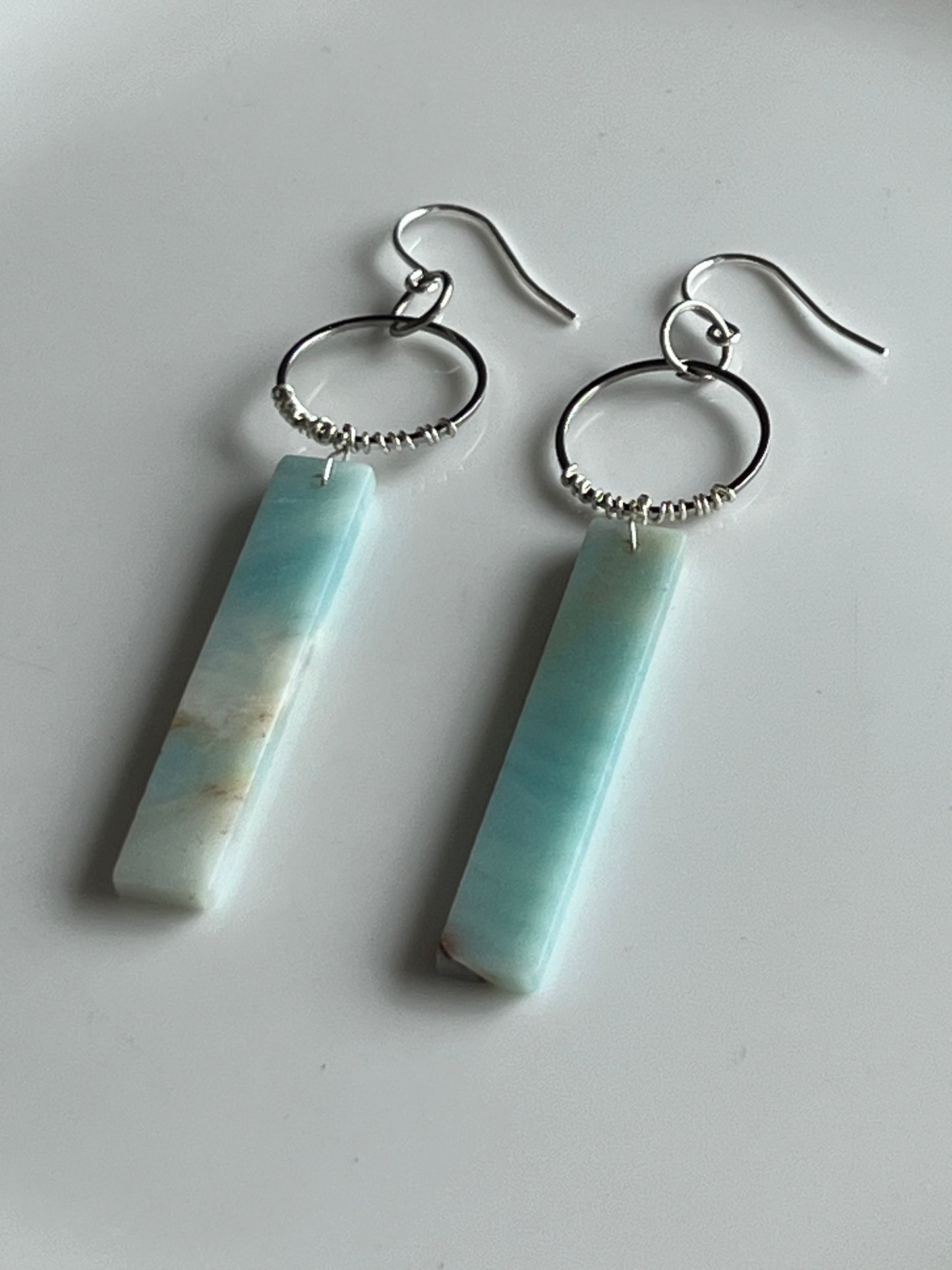 WIRE-WRAPPED AMAZONITE CLOUD RECTANGLE HOOP-DANGLE | GEMSTONE CRYSTAL Earrings