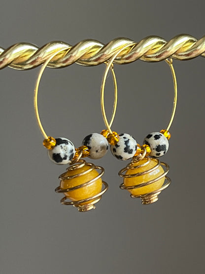 YELLOW AVENTURINE + DALMATIAN JASPER CAGED HOOP | GEMSTONE CRYSTAL Earrings