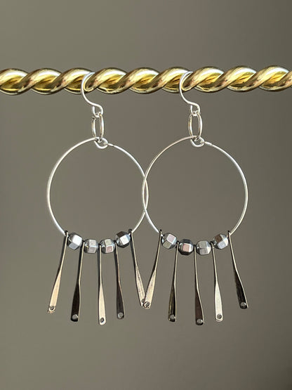 SILVER HEMATITE w/ METAL FLARE HOOP-DANGLE | Earrings