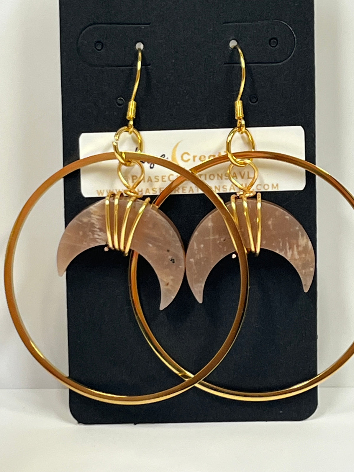 WIRE-WRAPPED PEACH MOONSTONE CRESCENT MOON HOOP-DANGLES (GPSS | Gemstone Earrings